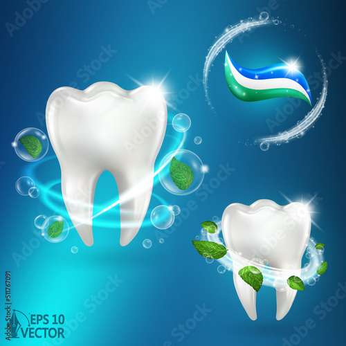 Whitening mint toothpaste, teeth cleaning and whitening, foam vortex. Mint paste and fresh leaves. Natural dental care product, protection and repair. 3d realistic vector illustration set
