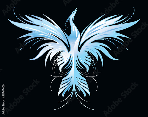 Stylized image of magic ice Phoenix on black background. Vector illustration template for print, fantasy poster, mascot, emblem, hope concept.