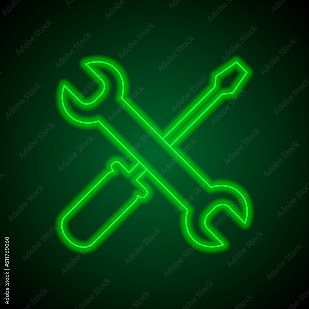 Repair simple icon vector. Flat design. Green neon on black background with green light.ai Repair simple icon vector. Flat design. Green neon on black background with green light.ai