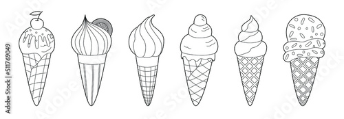 Different sorts of ice cream. Monochrome deserts isolated on white background. Coloring book style for children and adults. 
