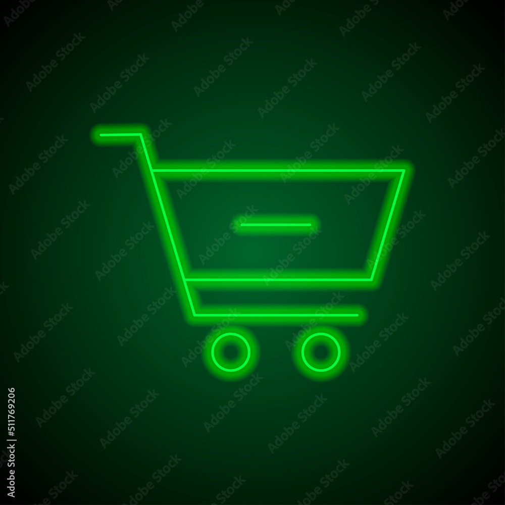 Shopping cart, minus simple icon vector. Flat design. Green neon on black background with green light.ai Shopping cart, minus simple icon vector. Flat design. Green neon on black background with green light.ai