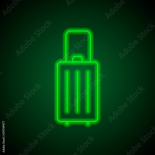 Travel bag simple icon. vector. Flat design. Green neon on black background with green light.ai