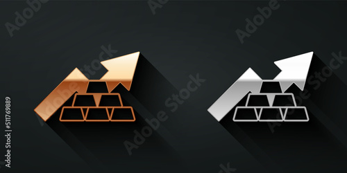 Gold and silver Finance growth chart arrow with gold bars icon isolated on black background. Financial success concept. Gold investment concept. Long shadow style. Vector