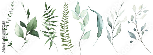 Watercolor floral set of green leaves, branches, twigs etc. Isolated greenery illustration. 