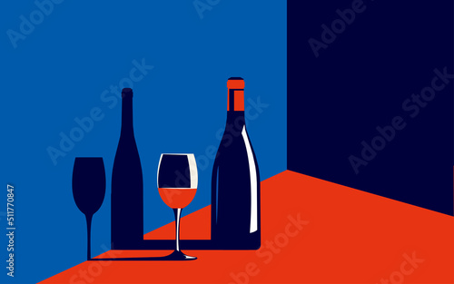 Vector illustration of a bottle of wine and a glass with red wine next to it in trendy colors in a minimal style.