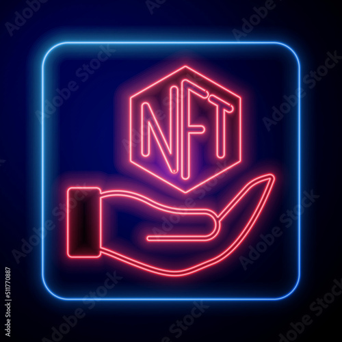 Glowing neon NFT Digital crypto art icon isolated on black background. Non fungible token. Vector