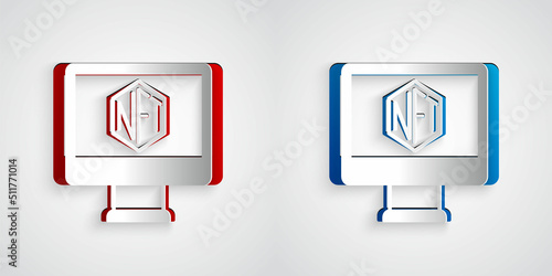 Paper cut Monitor with art store app icon isolated on grey background. Technology of selling NFT tokens for cryptocurrency. Non fungible token concept. Paper art style. Vector