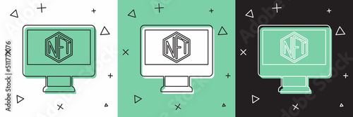 Set Monitor with art store app icon isolated on white and green, black background. Technology of selling NFT tokens for cryptocurrency. Non fungible token concept. Vector