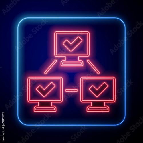 Glowing neon NFT blockchain technology icon isolated on black background. Non fungible token. Digital crypto art concept. Vector