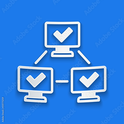 Paper cut NFT blockchain technology icon isolated on blue background. Non fungible token. Digital crypto art concept. Paper art style. Vector