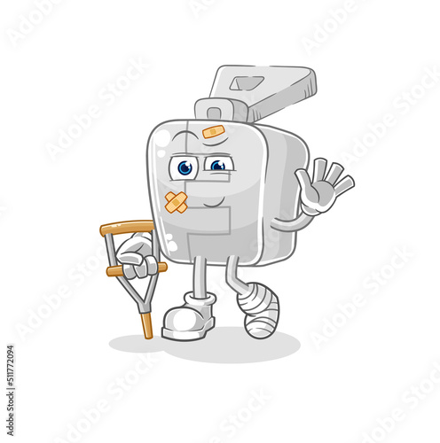 zipper sick with limping stick. cartoon mascot vector