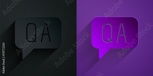 Paper cut Speech bubbles with Question and Answer icon isolated on black on purple background. Q and A symbol. FAQ sign. Chat speech bubble and chart. Paper art style. Vector