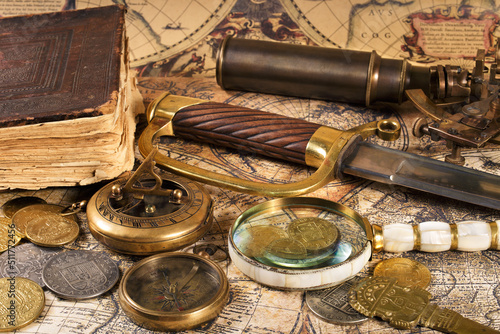 Vintage still life. The concept of adventure and treasure hunting.