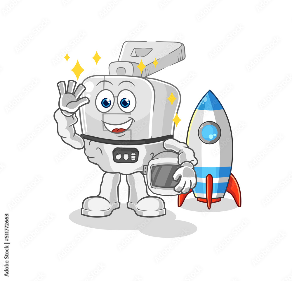 zipper astronaut waving character. cartoon mascot vector