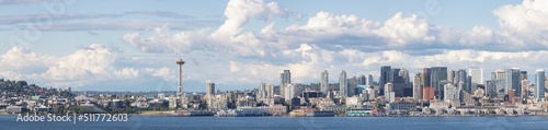 Downtown Seattle  Washington  United States of America. Panoramic View of the Modern City on the Pacific Ocean Coast. Cloudy Blue Sky.