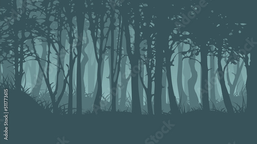 Dark foggy forest landscape. Abstract vector background