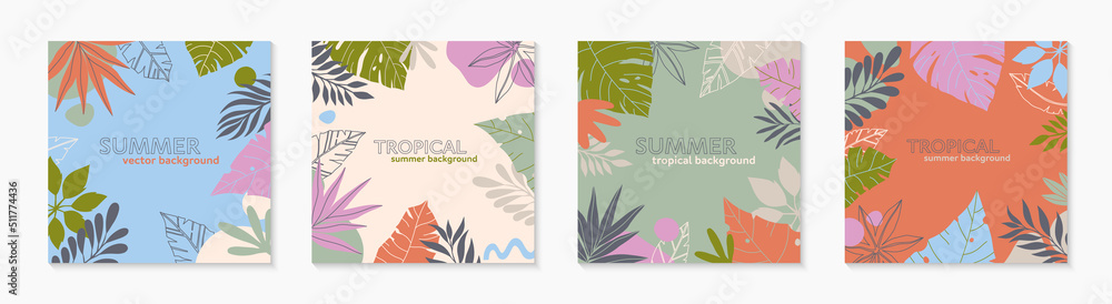 Summer vector illustrations in trendy flat style with copy space for text.Abstract backgrounds with tropical leaves,plants.Tropical banners for social media,posters,prints.Cover design templates.