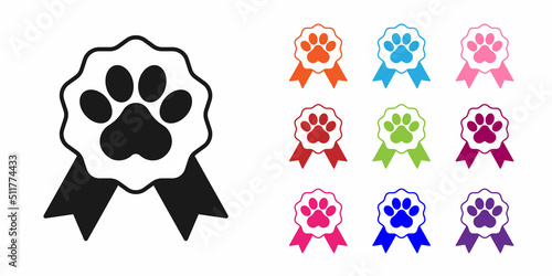Black Pet award symbol icon isolated on white background. Badge with dog or cat paw print and ribbons. Medal for animal. Set icons colorful. Vector
