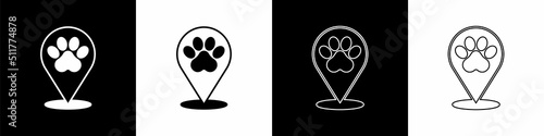 Set Map pointer with veterinary medicine hospital, clinic or pet shop for animals icon isolated on black and white background. Veterinarian clinic. Vector