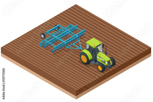 Isometric Agricultural Cultivator. A cultivator is a piece of agricultural equipment used for secondary tillage. Tractor preparing land with seedbed cultivator photo