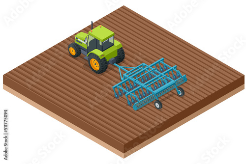 Isometric Agricultural Cultivator. A cultivator is a piece of agricultural equipment used for secondary tillage. Tractor preparing land with seedbed cultivator