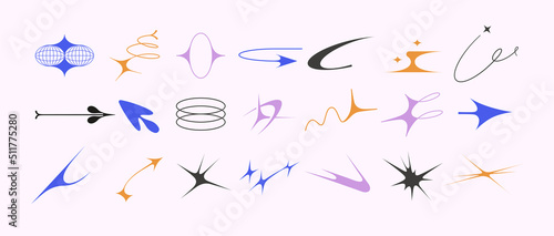 Set of vector icons of acid flare shapes and arrows. supernova explosion space figures in Y2k korean style photo
