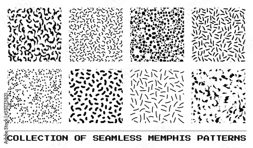 Set of abstract seamless memphis patterns with spots and lines in 80s style. Vector illustration