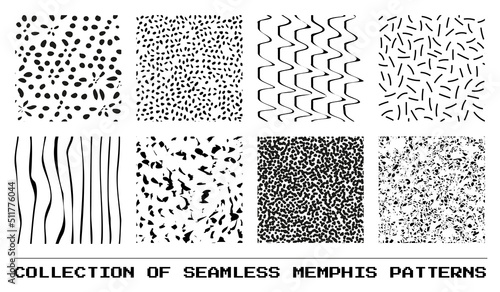 Set of abstract seamless memphis patterns with spots and lines in 80s style. Vector illustration