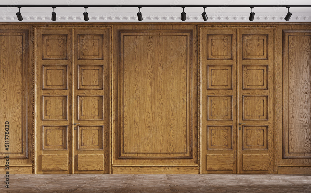 Classic luxury empty room with oak paneling. Premium cabinet. 3d ...