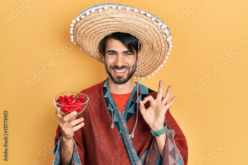 Young hispanic man wearing mexican hat holding chili doing ok sign with fingers, smiling friendly gesturing excellent symbol photo