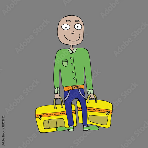 Courier delivering food from a restaurant. The courier is carrying a large parcel. Courier with two bags. Vector graphics. Coloring for children and adults. Fashion courier.