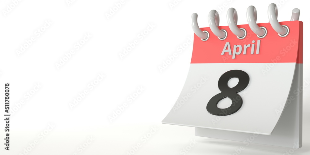 April 8 date on a tear-off calendar, 3d rendering April 8 date on a tear-off calendar, 3d rendering