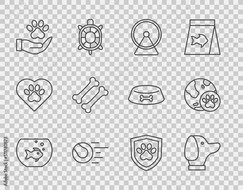 Set line Aquarium with fish, Dog, Hamster wheel, Pet toys ball, Hands animals footprint, bone, Animal health insurance and World pet icon. Vector