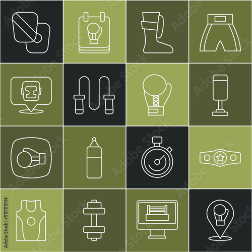 Set line Boxing glove, belt, Punching bag, Sport boxing shoes, Jump rope, helmet, training paws and icon. Vector