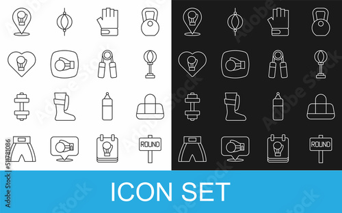 Set line Boxing ring board, Sport bag, Punching, MMA glove, and expander icon. Vector