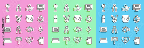 Set line MMA glove, Punching bag, Stopwatch, Boxing, Medal, Fitness shaker, and helmet icon. Vector