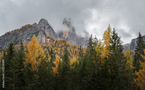 Foggy autumn day in the Dolomites
