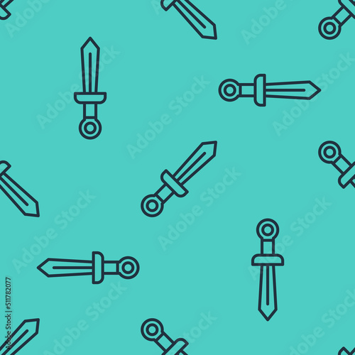 Black line Medieval sword icon isolated seamless pattern on green background. Medieval weapon. Vector