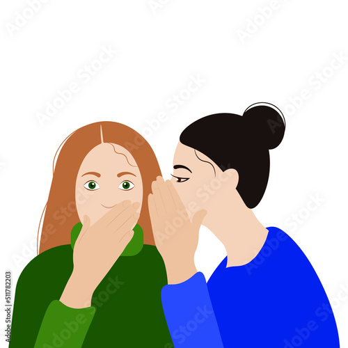 Portrait image of two girls who gossip, flat vector, isolate on a white background, one girl says something in the ear of the other