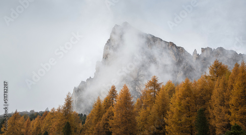 Foggy autumn day in the Dolomites