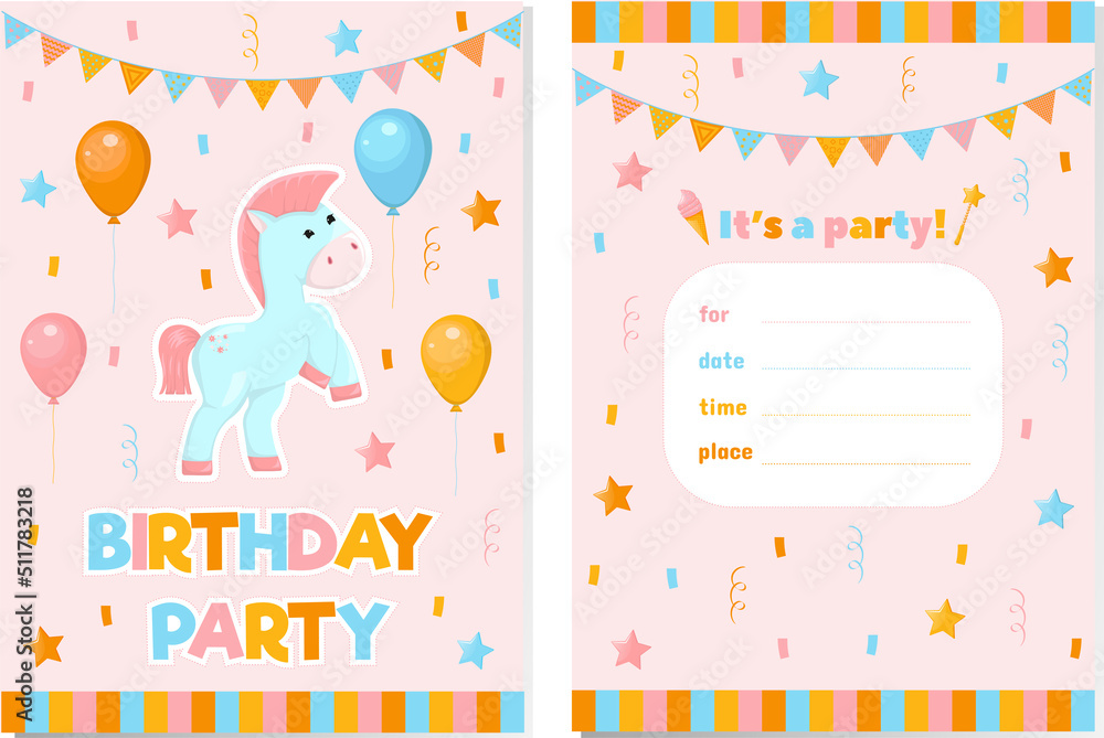 Birthday invitation card with ponies, rainbows and balloons. Vector children's illustration Birthday invitation card with ponies, rainbows and balloons. Vector children's illustration