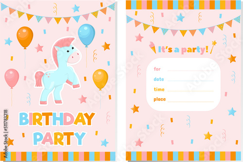 Birthday invitation card with ponies, rainbows and balloons. Vector children's illustration