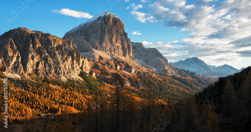 Autumn scenery by the lake in Dolomites