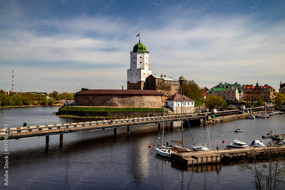 Vyborg Castle. Medieval fortress in Vyborg. Castle on the water.