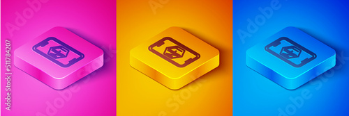 Isometric line Mobile with art store app icon isolated on pink and orange, blue background. Technology of selling NFT tokens for cryptocurrency. Non fungible token. Square button. Vector