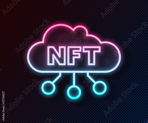 Glowing neon line NFT cloud icon isolated on black background. Non fungible token. Digital crypto art concept. Vector