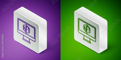 Isometric line Monitor with art store app icon isolated on purple and green background. Technology of selling NFT tokens for cryptocurrency. Non fungible token concept. Silver square button. Vector