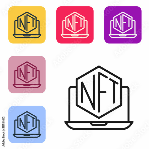 Black line Laptop with art store app icon isolated on white background. Technology of selling NFT tokens for cryptocurrency. Non fungible token concept. Set icons in color square buttons. Vector