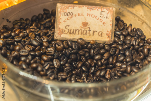 closeup view of Sumatra coffee beans for sale. High quality photo