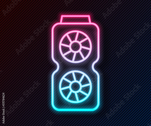 Glowing neon line Video graphic card icon isolated on black background. Vector